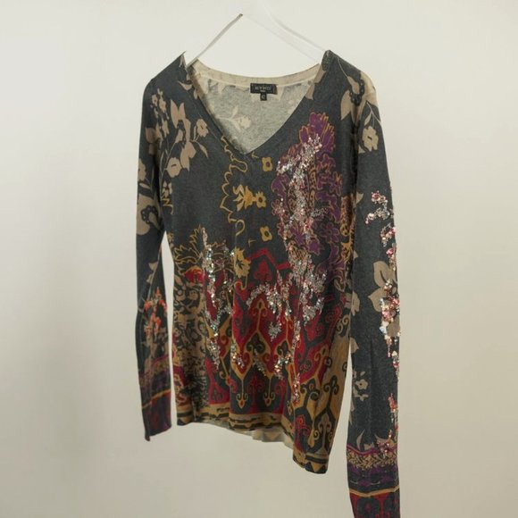Etro Grey and Red Sequin-Embellished Floral Sweater - Picture 2 of 8